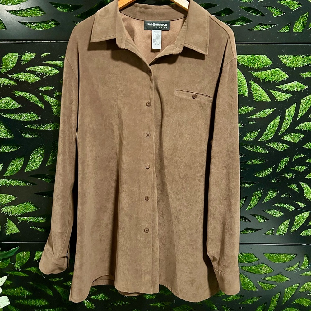 Sag Harbor Chocolate Brown Button Up Faux Suede Long Sleeve Shirt, Women's 22W